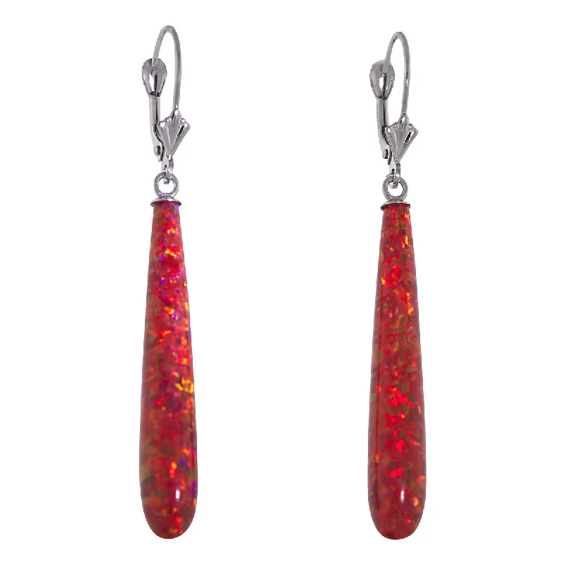 women’s crystal earrings -Ginger: 35mm Flame Red Created Opal Teardrop Lever Back Earrings 14K White Gold