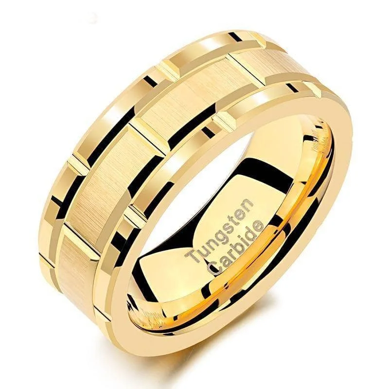 women’s promise rings -Men's Tungsten Carbide Ring 8mm Gold Brick Pattern Wedding Band