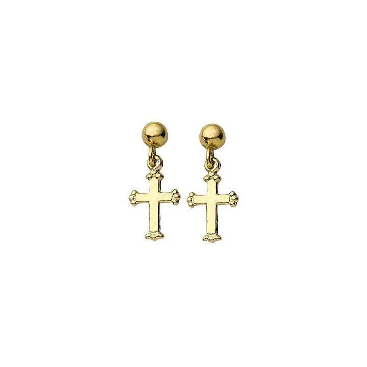 women’s stud earrings with diamonds -Cross Drop Ball Post Earrings 14K Yellow Gold