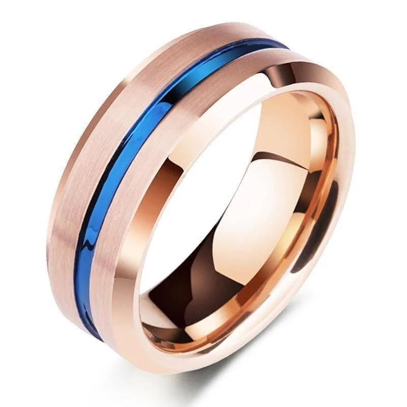 women’s large gemstone rings -Men's Tungsten Carbide Wedding Band 8mm Rose Gold with Blue Line