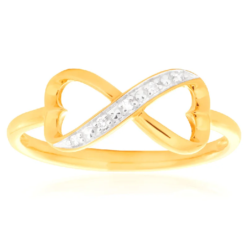 women’s gold solitaire engagement rings -9ct Yellow Gold Infinity Double Heart Diamond Ring Set With 5 Brilliant Cut Diamonds