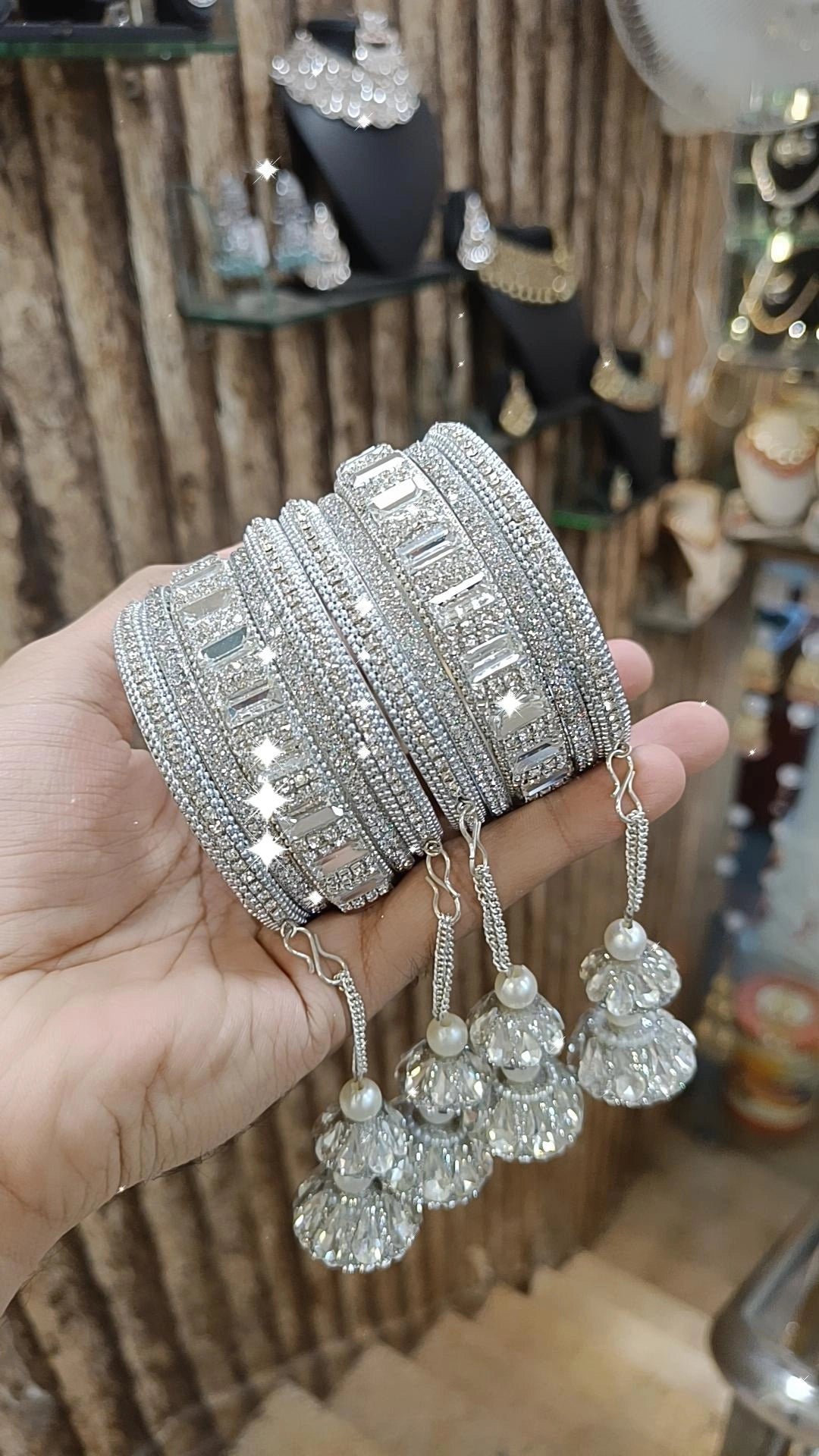 women’s stretchy bangles -Pakistani Pearl Bridal Bangles with Crystal Beads Elegant Hangings