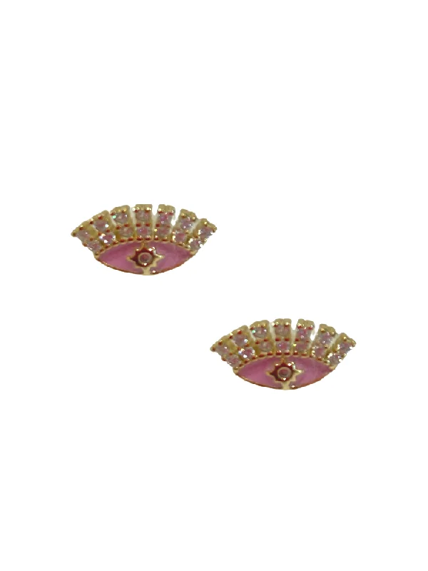 trendy earrings for women -Eyelash Evil Eye Stud - Pink