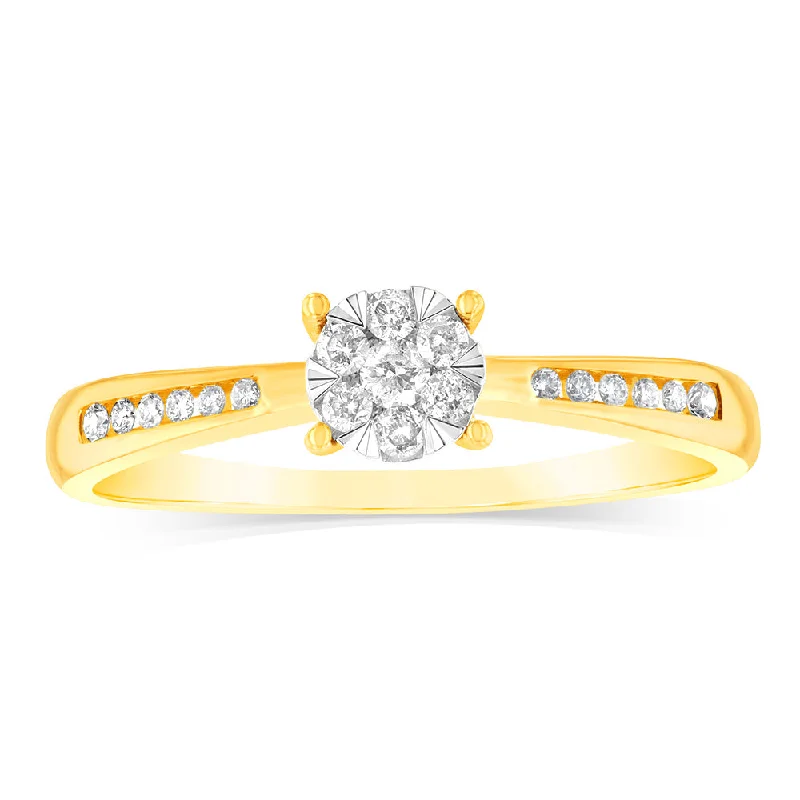 women’s solitaire engagement rings -9ct Yellow 1/4 Carat Round Cluster Diamond Ring