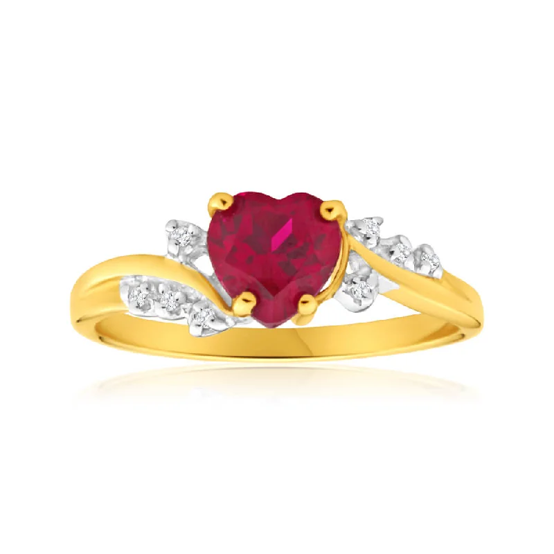 vintage diamond engagement rings -9ct Yellow Gold Heart Created Ruby + Diamond Ring