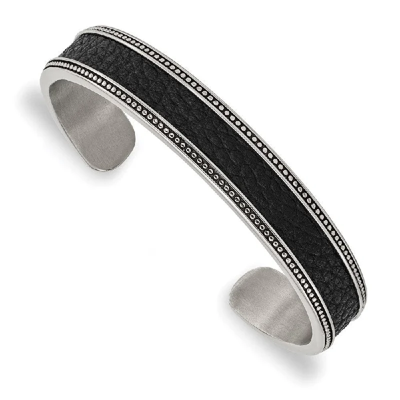 women’s bracelet with charms -Stainless Steel Antiqued & Polished w/Textured Leather Inlay 12mm Bangle