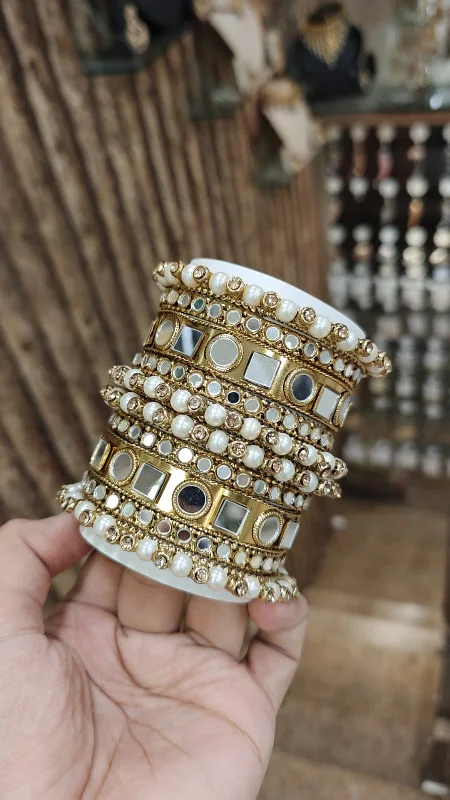 handmade bracelets for women -Gold Plated Bridal Bangles Pearls Mirror Work Stones Jewelry Set