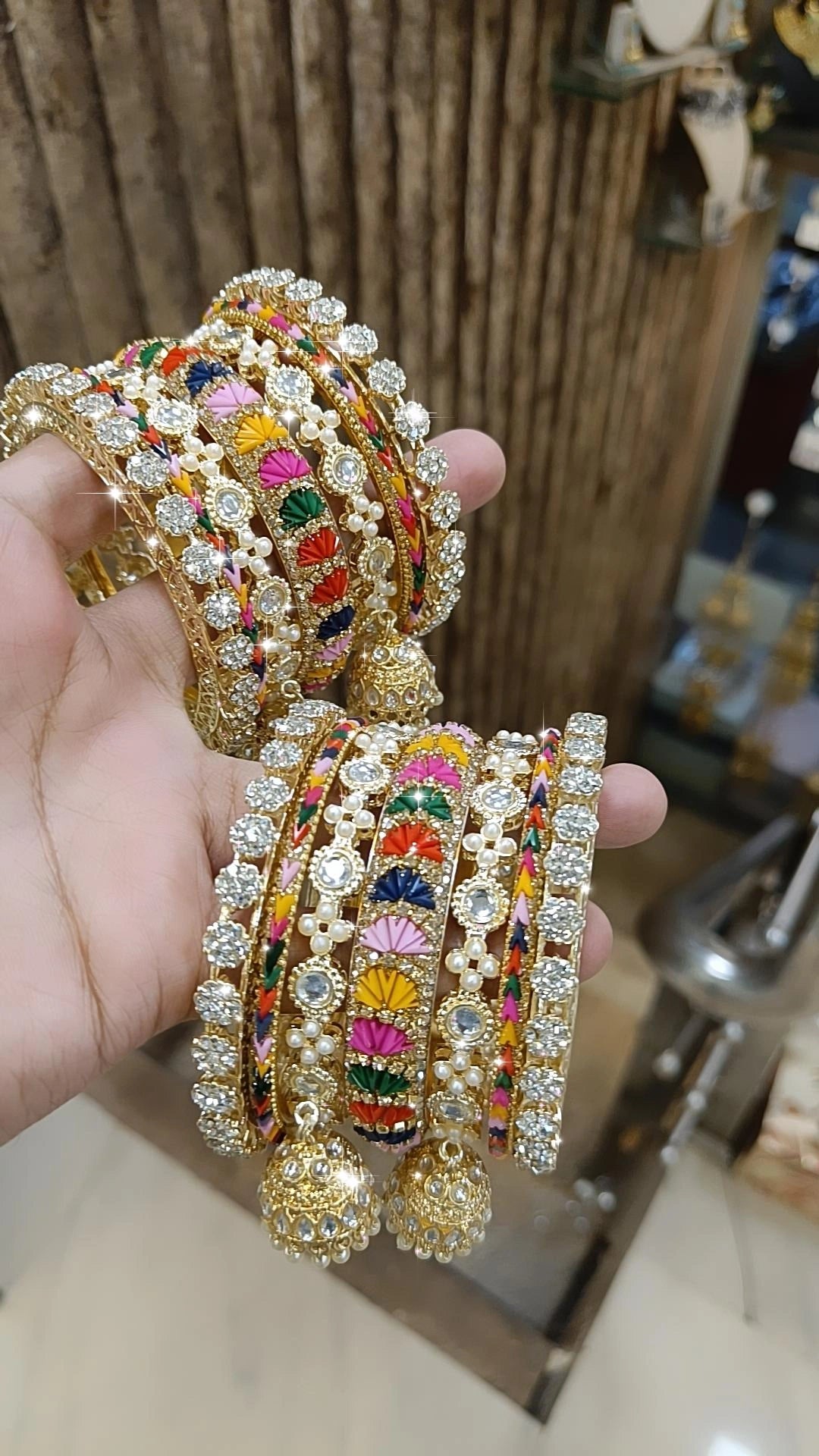 dainty bracelets for women -Pearl Crystal Bridal Bangles with Enamel Jhumka Details Bridal Jewelry