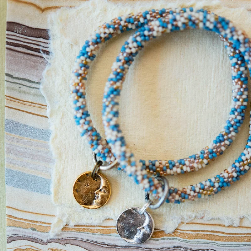 women’s engraved bangles -Beaded Bangle + Moon Charm