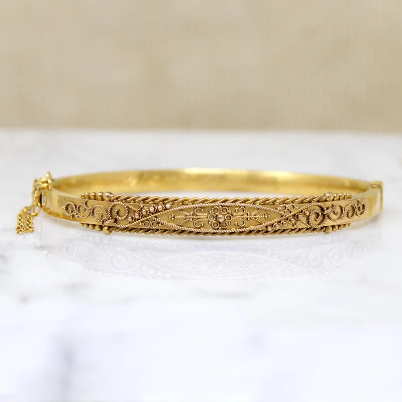 women’s charm bracelets -Exceptional Edwardian Etruscan Revival 15ct Gold Bangle