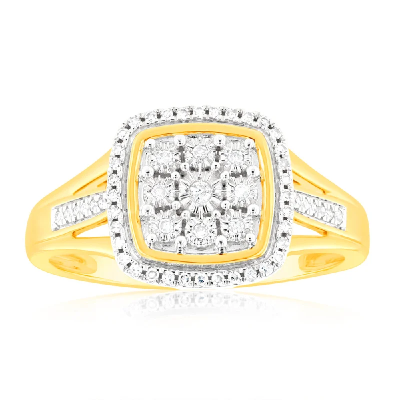 wedding and engagement ring sets -9ct Yellow Gold 1/5 Carat Diamond Ring with 57 Brilliant Cut Diamonds