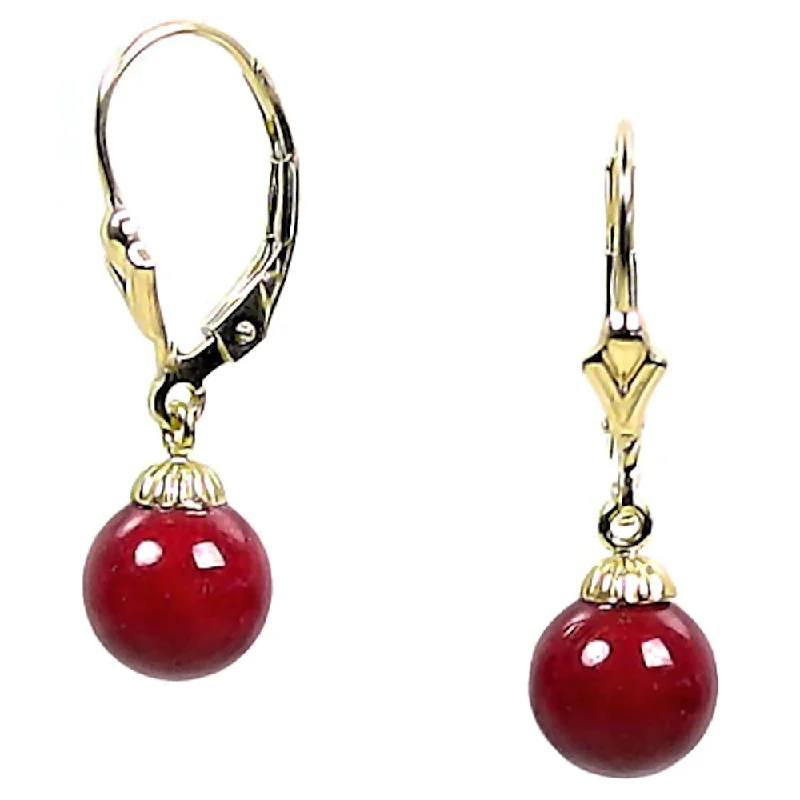 women’s tassel earrings -Natural Italian Red Coral Ball Drop Leverback Earrings 14-20 Gold Filled