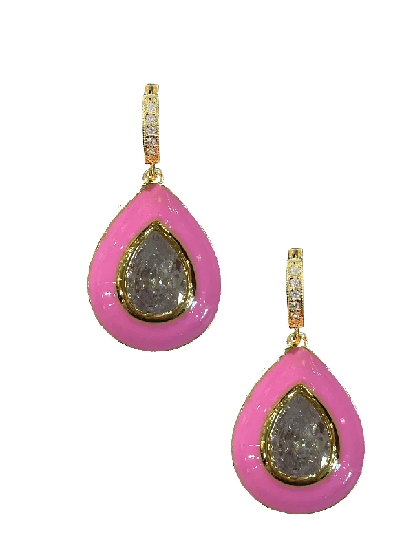 women’s cubic zirconia earrings -Pink Enamel Bezel Teardrop Huggies