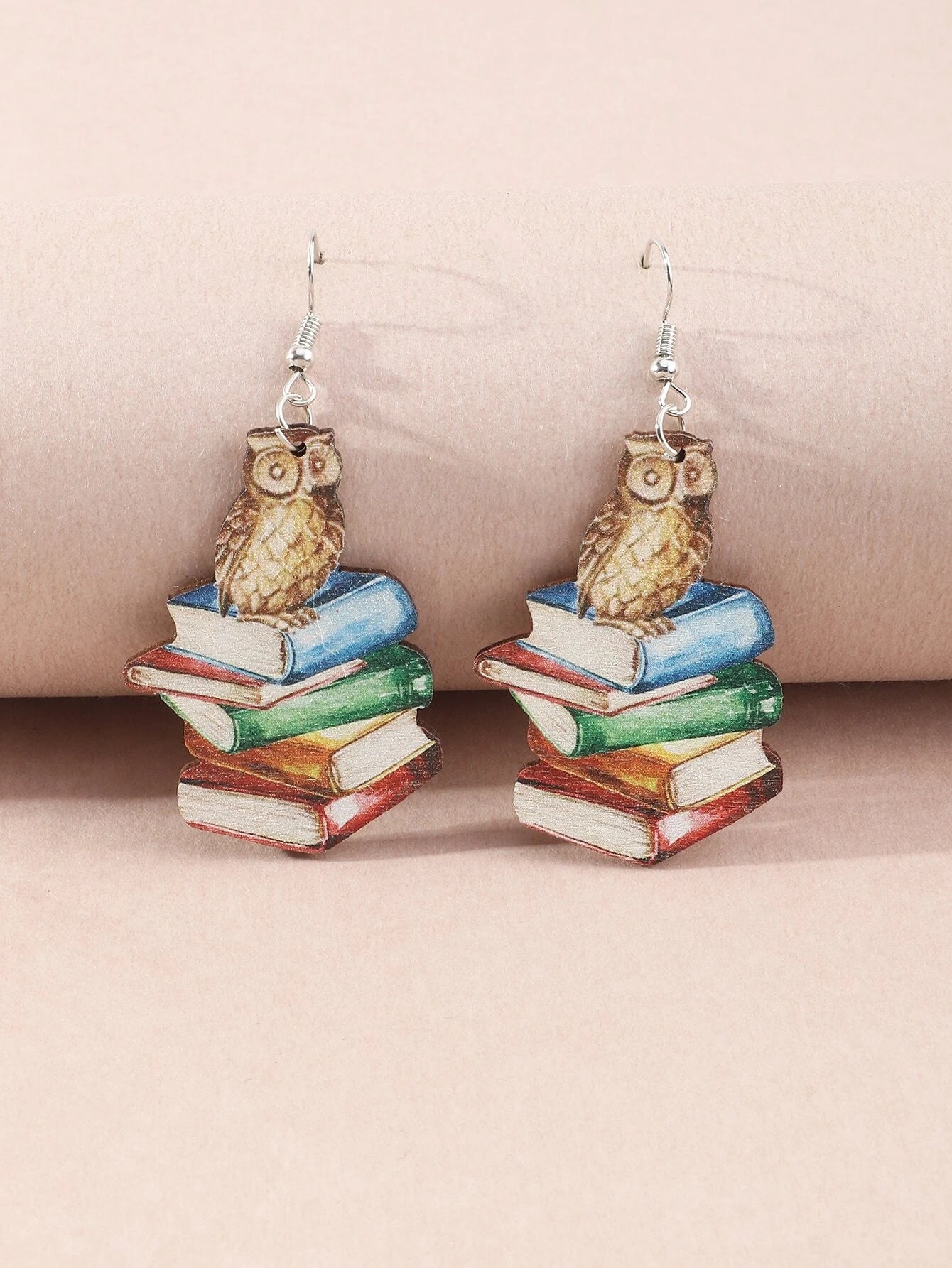 women’s flower earrings -Owl Sitting on Stack of Books Earrings