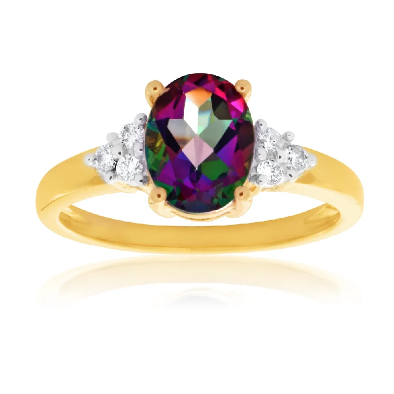 oval engagement rings for women -9ct Yellow Gold 8x6mm Oval Enhanced Mystic Topaz and Diamond Ring