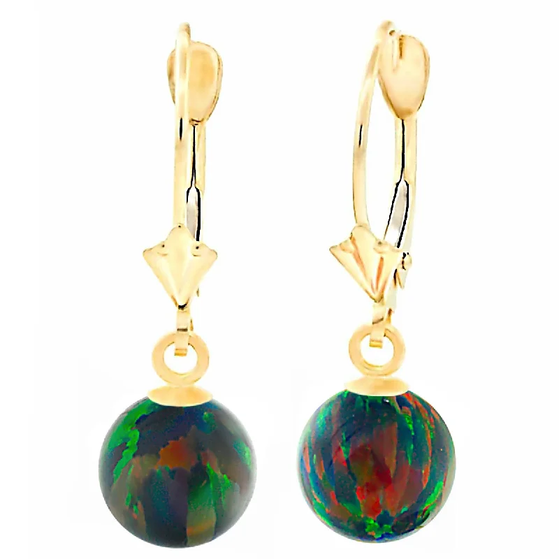 women’s dangling earrings -Aurora: Black Created Australian Opal Ball Drop Leverback Earrings 14K Yellow Gold