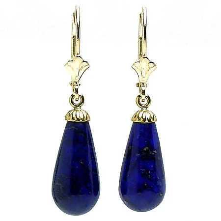 women’s drop earrings -Natural Lapis Lazuli Teardrop Leverback Earrings 14K Yellow Gold