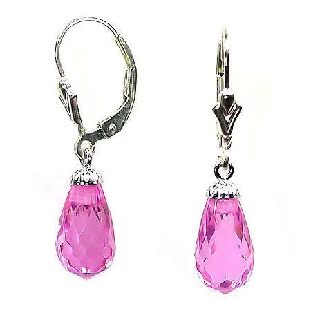 women’s bridal earrings -7.0ct, 12mm Pink Sapphire Briolette Leverback Earrings 925 Silver