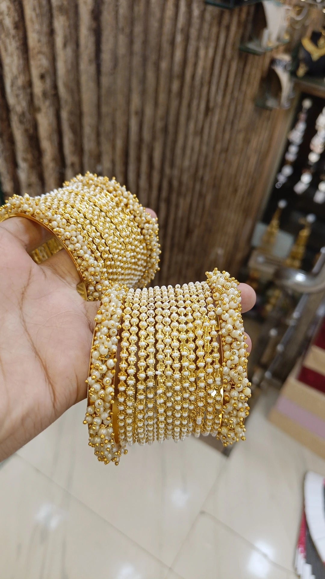 crystal bangles for women -Pearl Embellishments Bollywood Golden Bangles Set