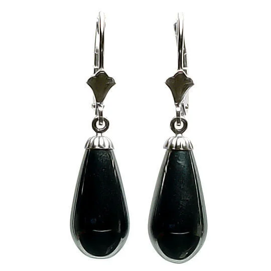 fashion earrings for women -16mm Black Onyx Teardrop Leverback Earrings 925 Silver