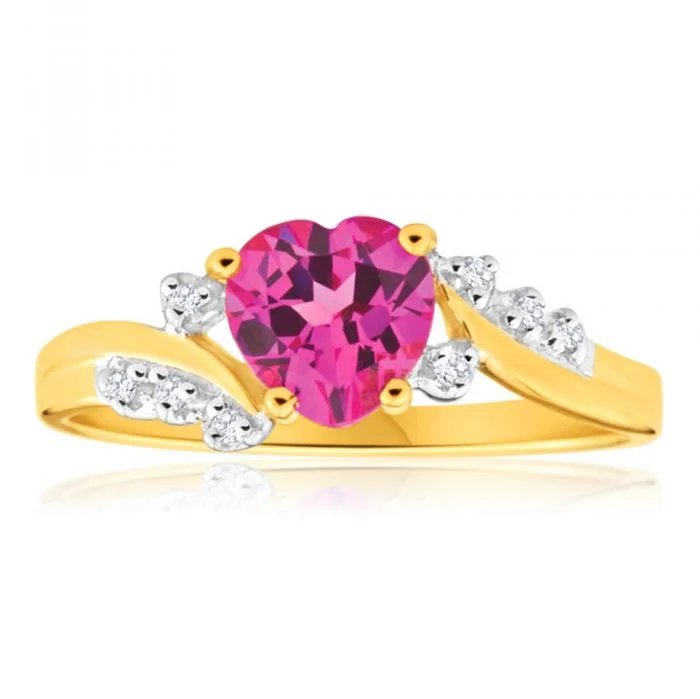 women’s platinum engagement rings -9ct Yellow Gold Created Pink Sapphire Heart and  Diamond Ring