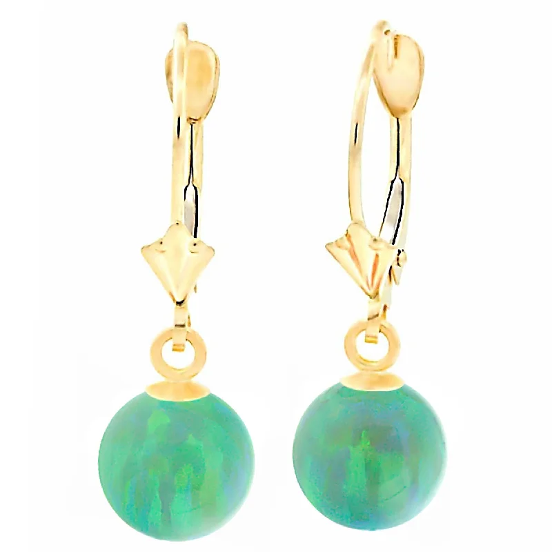 geometric earrings for women -Margarita: Kiwi Green Created Australian Opal Ball Drop Leverback Earrings 14K Yellow Gold