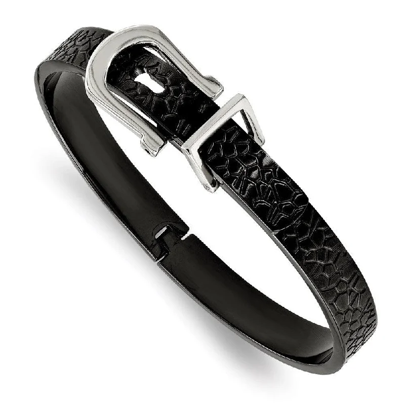 simple bracelets for women -Stainless Steel Brushed and Textured Black IP-plated Hinged Bangle