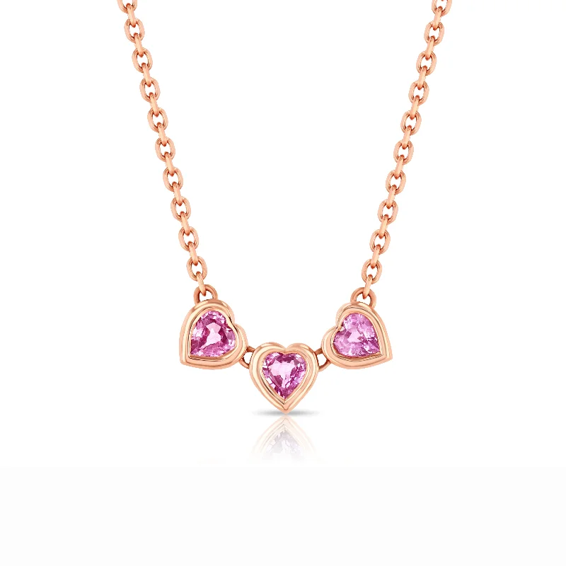 women’s layered chain necklaces -Pink Sapphire Trio Heart Necklace