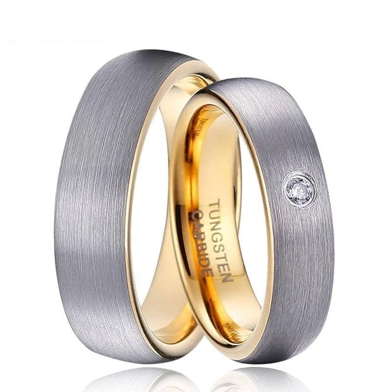 fashion rings for women -1 Pair Dome Tungsten Carbide Wedding Ring Set with Created Diamond