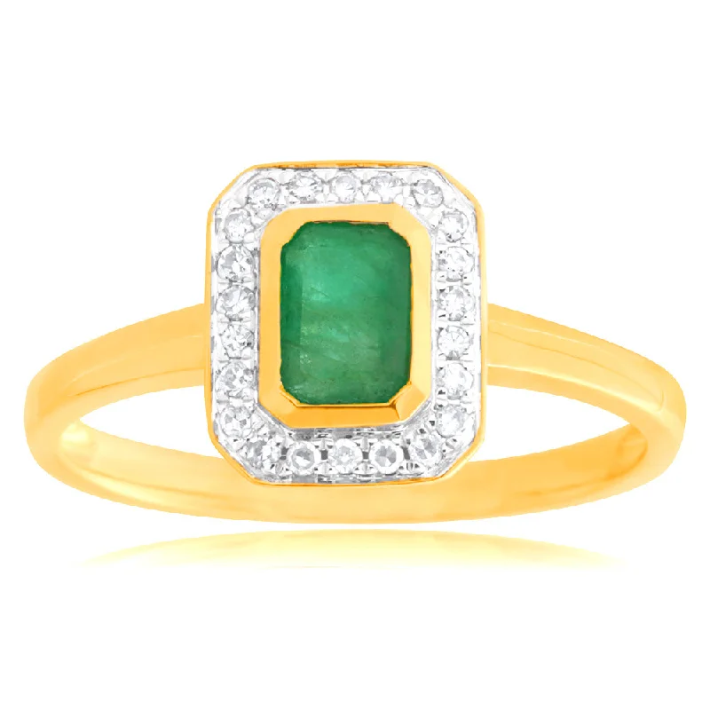 women’s large gemstone engagement rings -9ct Yellow Gold 0.6ct Natural Emerald and 1/10 Carat Diamond Ring