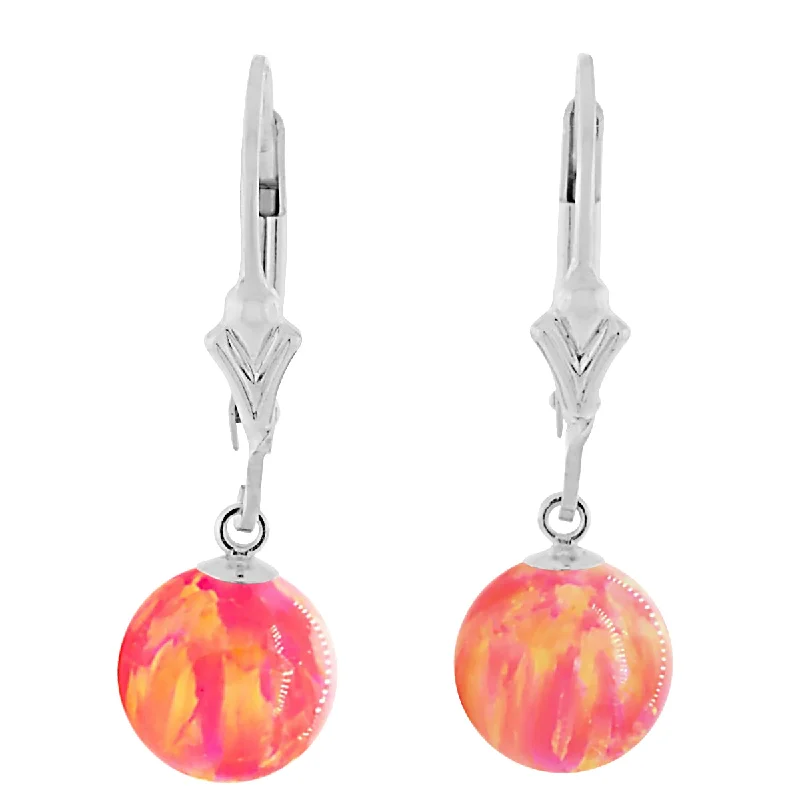 large statement earrings for women -Cala: Deep Sea Coral Created Australian Opal Ball Drop Leverback Earrings 925 Sterling Silver