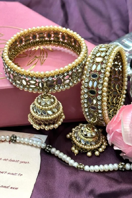 fashion bracelets for women -AD Antique Look Pearl Gold Jhumki Bangles, Golden Stone pearl Indian Asian bangles with jhumki