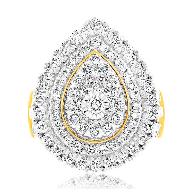 women’s trendy engagement rings -9ct Yellow Gold 2 Carat Diamond Ring with Brilliant and Tapered Baguette Diamonds