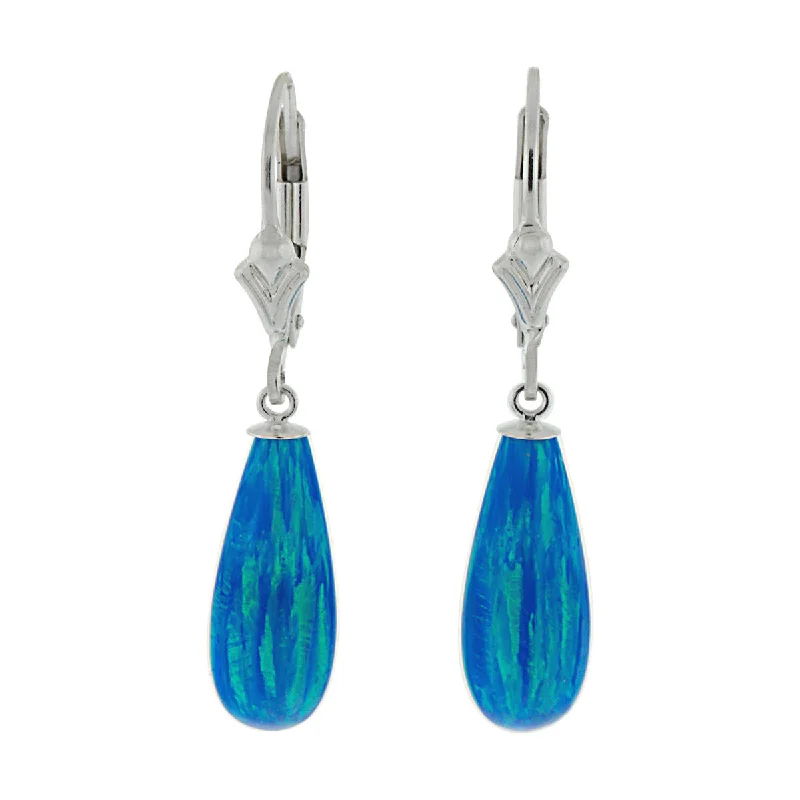 women’s rose gold earrings -Oceans: 16mm Tropical Blue Created Opal Teardrop Lever Back Earrings 925 Silver