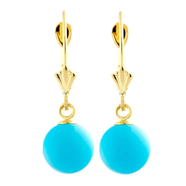 silver earrings for women -8mm Sleeping Beauty Turquoise Ball Drop Leverback Earrings 14K Gold