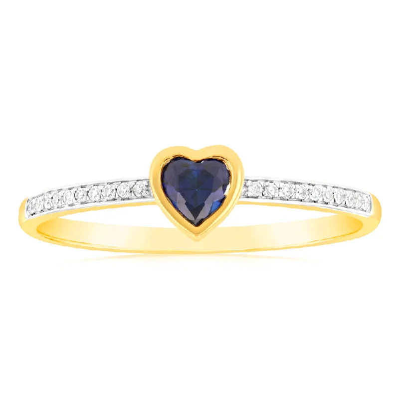 unique diamond engagement rings -Created Sapphire & Heart Shaped Diamond Ring in 9ct Yellow Gold