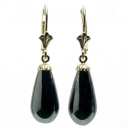 unique earrings for women -16mm Black Onyx Teardrop Leverback Earrings 14K Yellow Gold