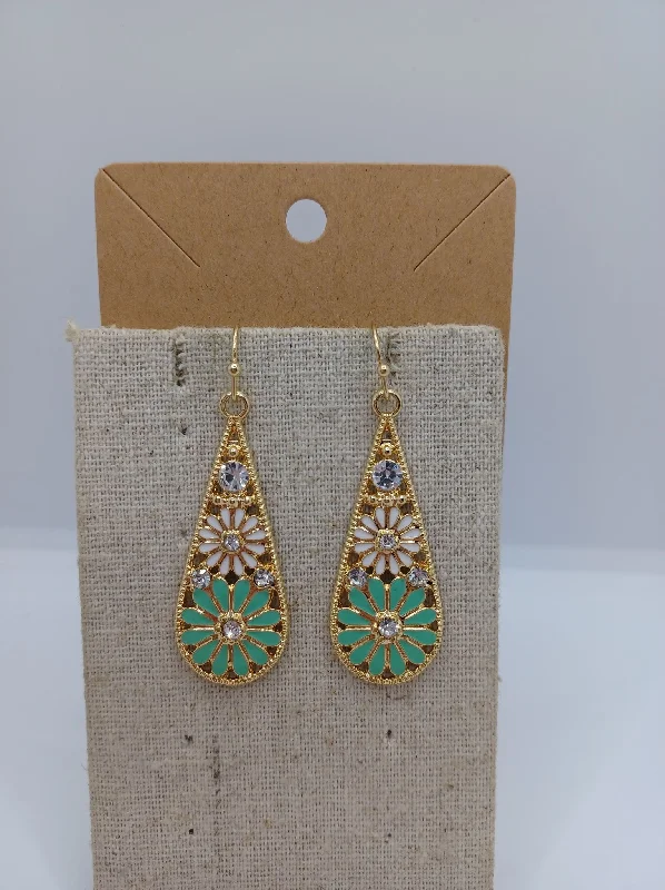 gold earrings for women -Golden Teardrop Earrings w/ White & Teal Flowers