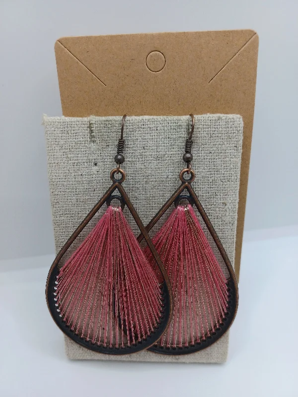 women’s creative earrings -Copper w/ Pink Threaded Teardrop Shaped Earrings