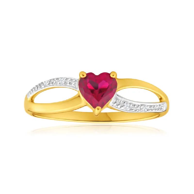 women’s customized engagement rings -9ct Yellow Gold Alluring Heart Created Ruby + Diamond Ring