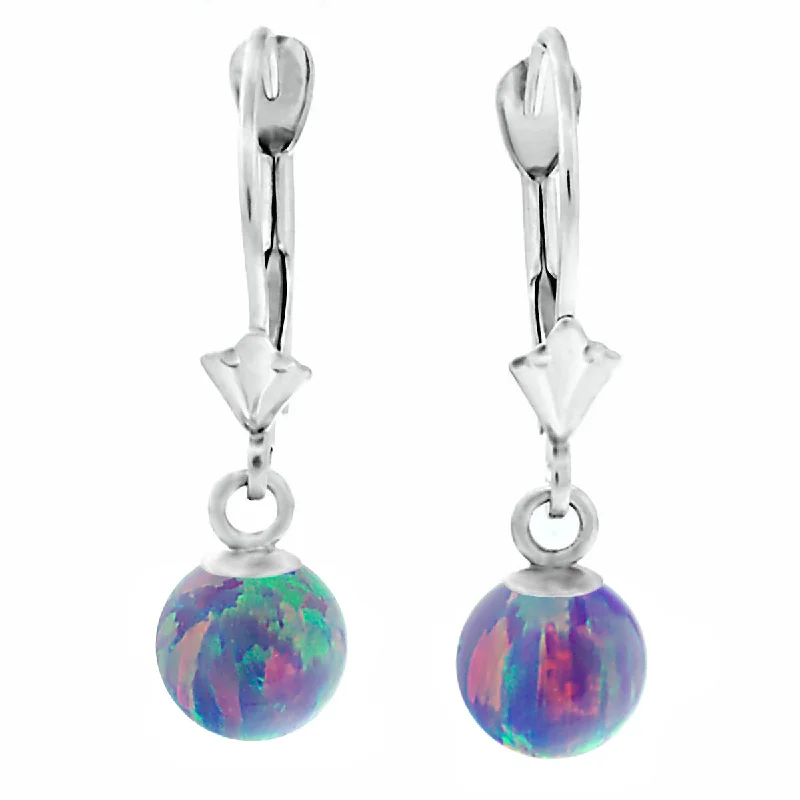 unique earrings for women -Norah: Lavender Created Australian Opal Ball Drop Leverback Earrings 14K White Gold