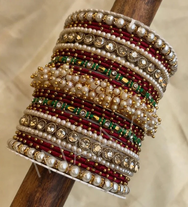 women’s beaded bracelets -Indian Pearl bangles set with stone work kada 2.4/6/8/10 set for 2