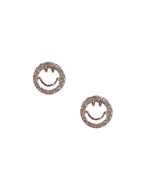 gold-plated earrings for women -CZ Happy Face Stud - Silver