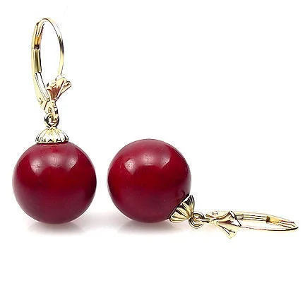 women’s art earrings -Natural Italian Red Coral Ball Drop Leverback Earrings 14K Yellow Gold