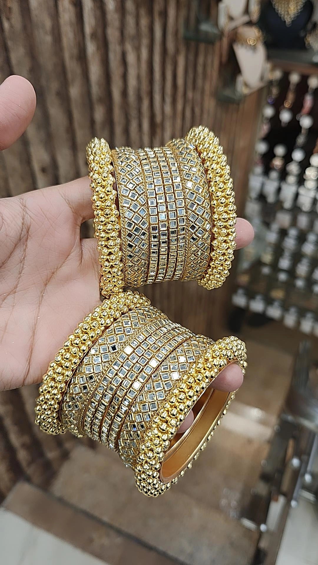 women’s wide bangles -Glittering Gold Bangles Set AD Sparkling Stones Indian Wedding