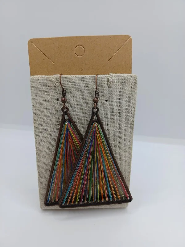 women’s moon-shaped earrings -Brass Triangle Shaped Earrings w/ Multicolored Threaded Detail