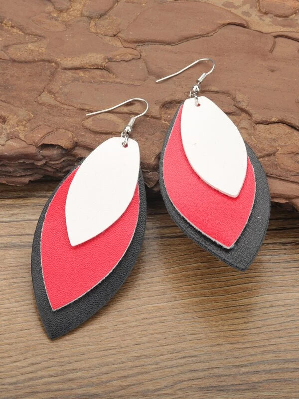 women’s large drop earrings -Triple Layered White Red & Black Leather Style Earrings