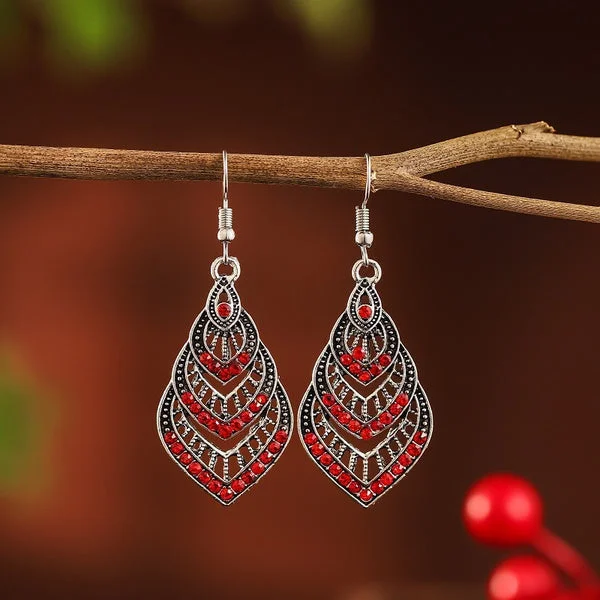 women’s creative earrings -Red Rhinestone Layered Earrings