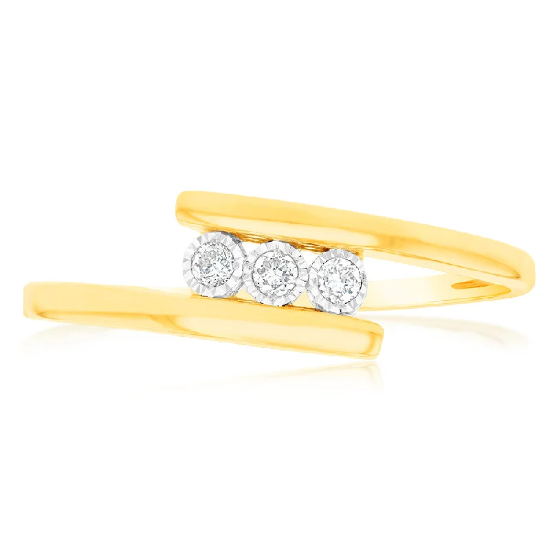 cushion cut engagement rings for women -9ct Yellow Gold Trilogy Diamond Ring  Set with 3 Stunning Brilliant Diamonds