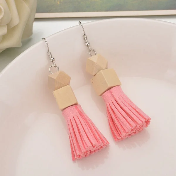 women’s minimal earrings -Wooden Tassel Style Earrings - Pink